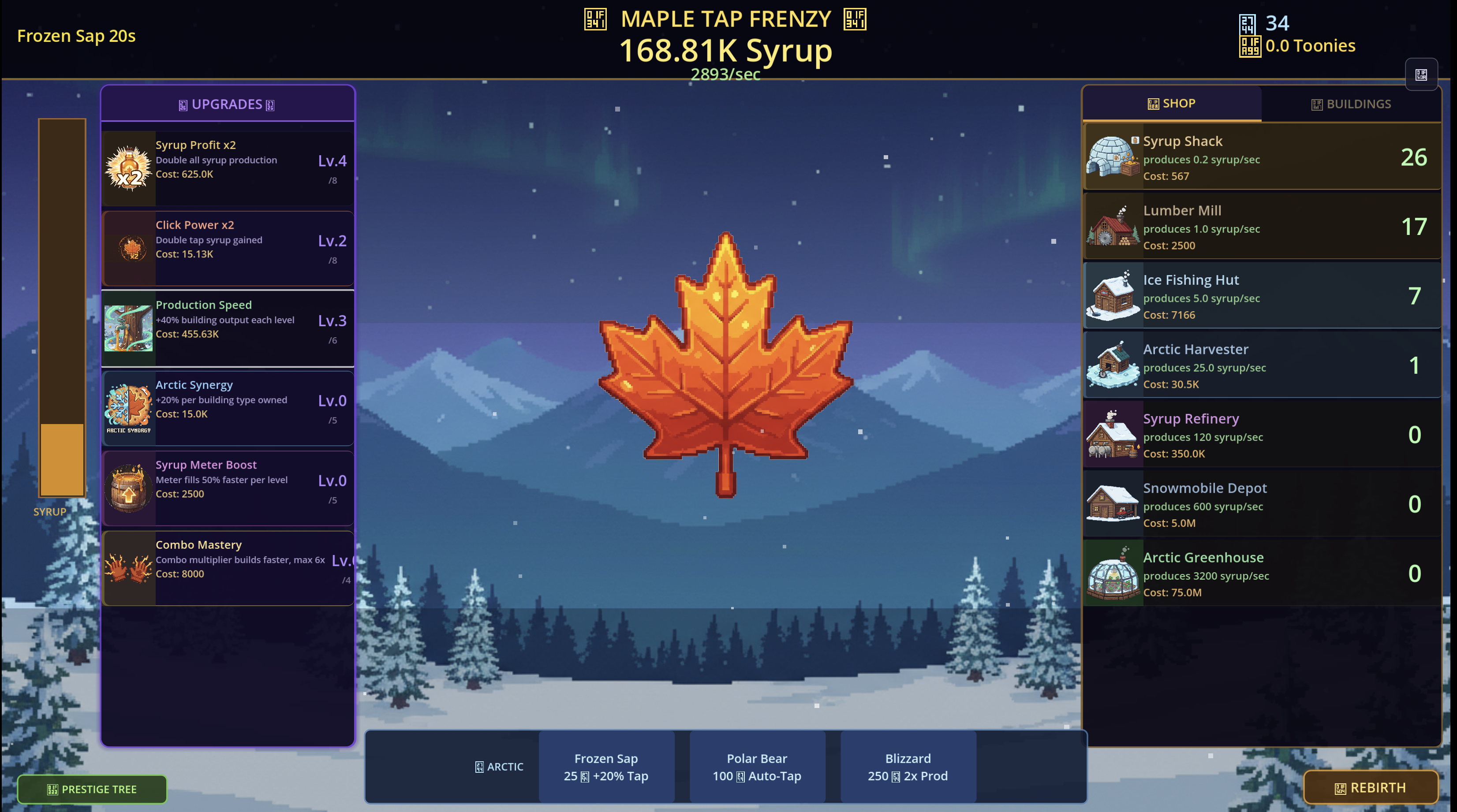 Maple Tap Frenzy idle clicker gameplay: a giant maple leaf to tap, syrup upgrades, and a building shop