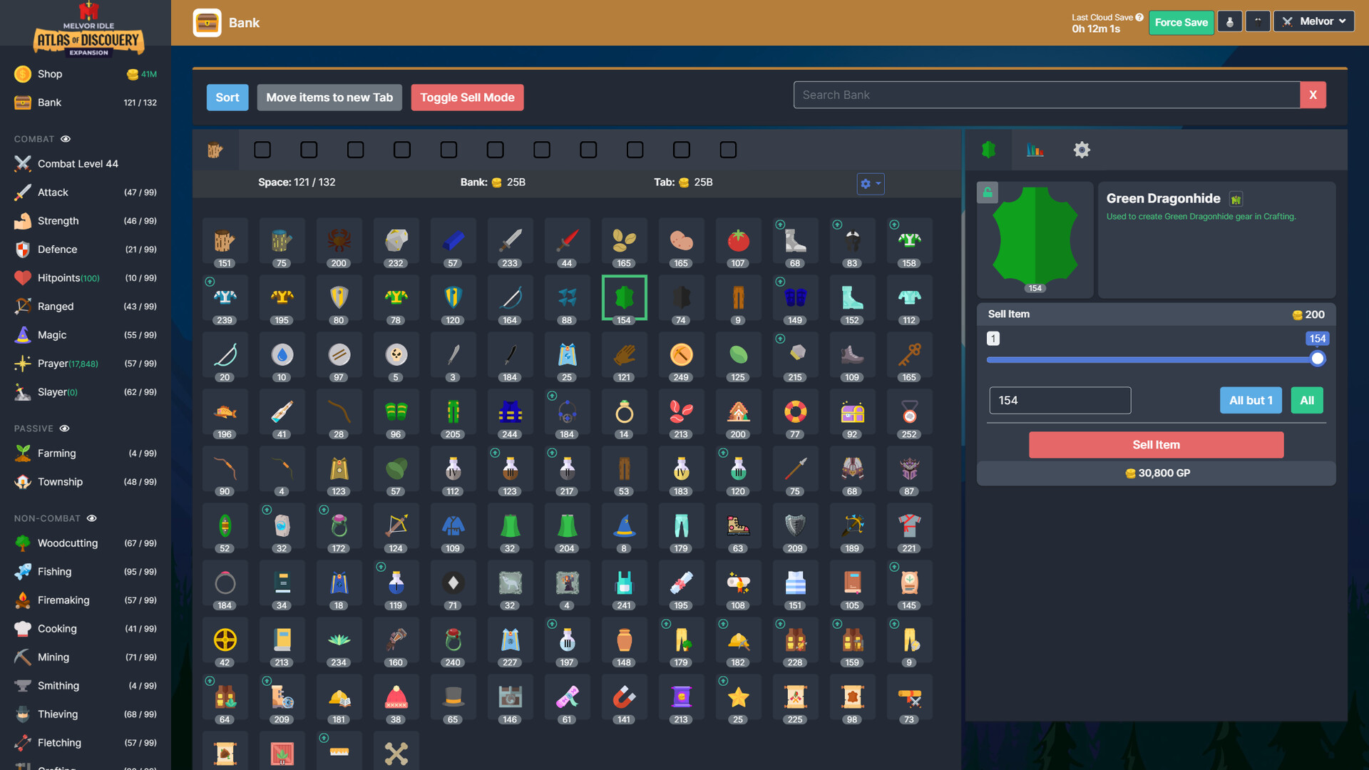 Melvor Idle skill and inventory gameplay screenshot