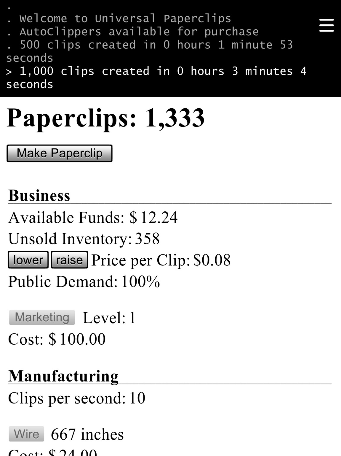 Universal Paperclips text-based gameplay screenshot