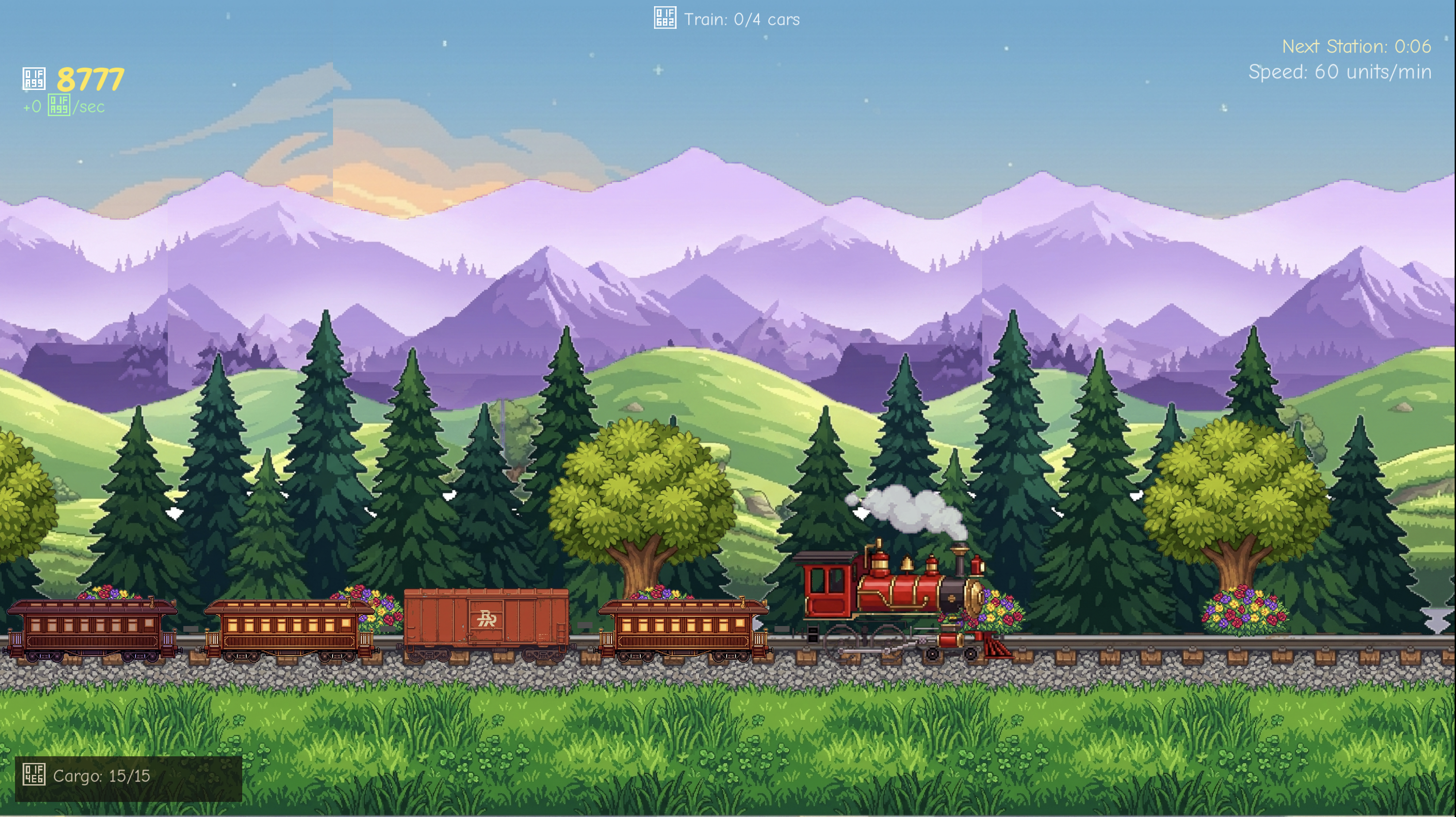Wanderrails Express gameplay: a steam train hauling cargo cars across forested mountain biomes