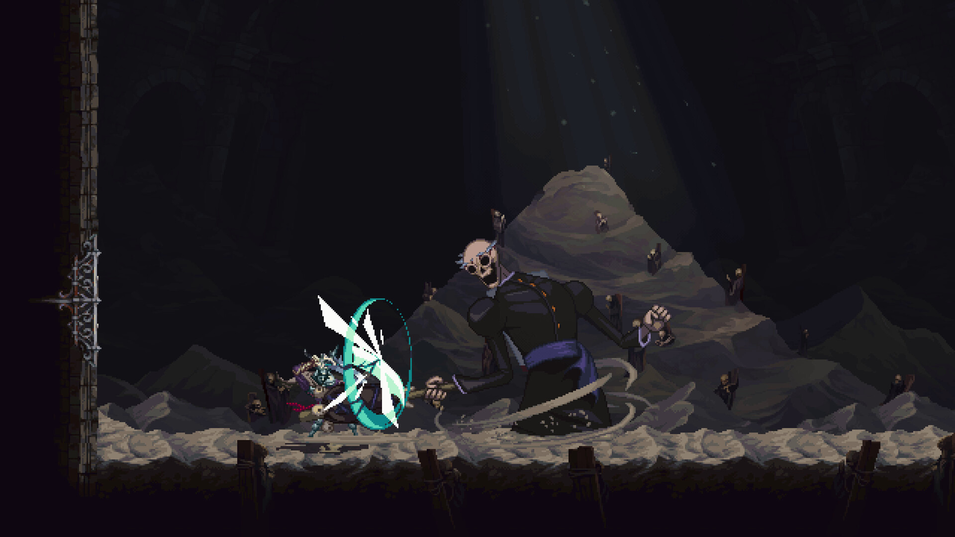 Blasphemous II pixel-art boss fight gameplay screenshot