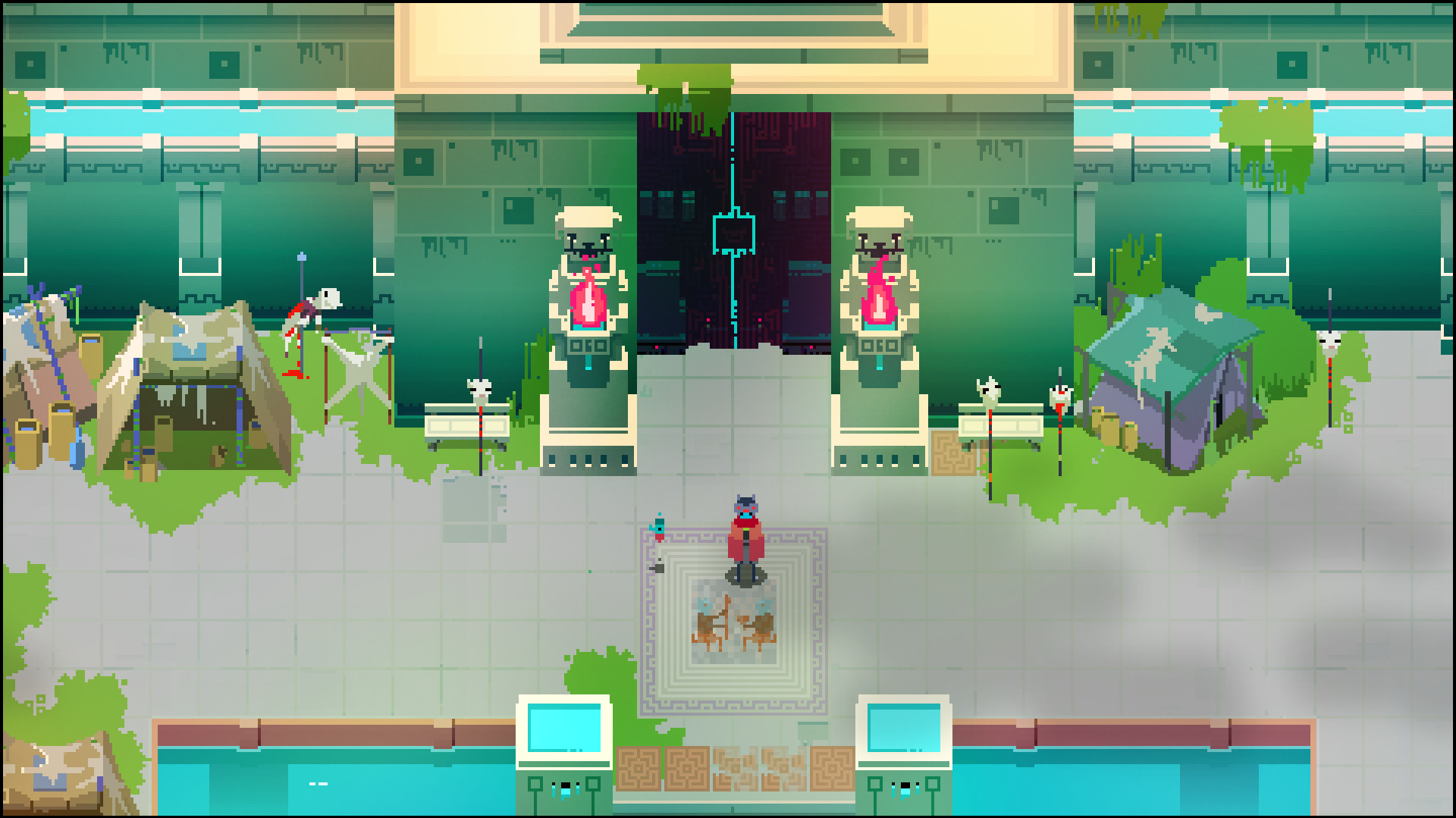 Hyper Light Drifter top-down pixel-art hub gameplay screenshot