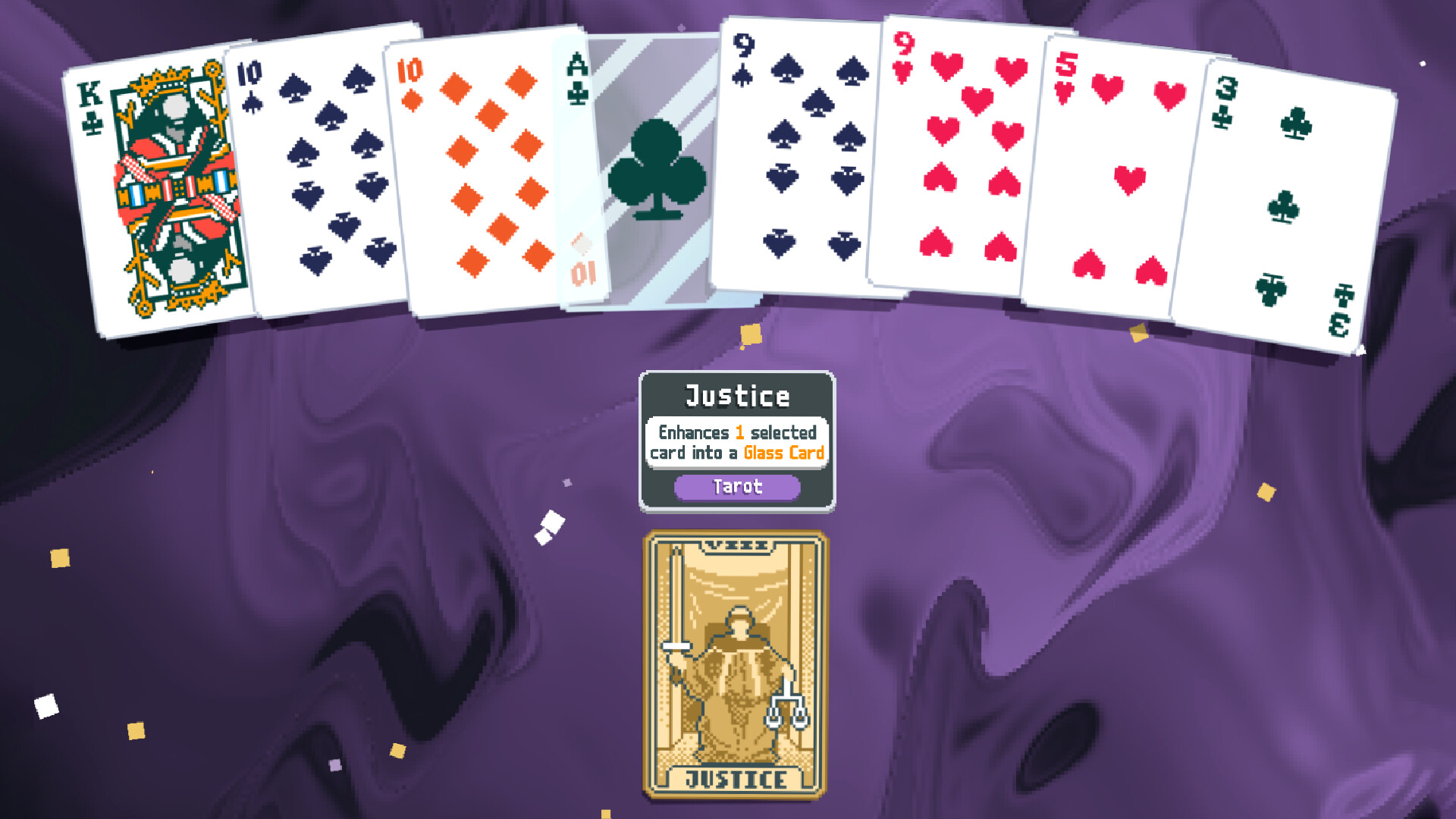Balatro poker hand with Tarot card gameplay screenshot