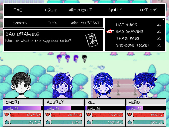 Omori party menu and named characters gameplay screenshot